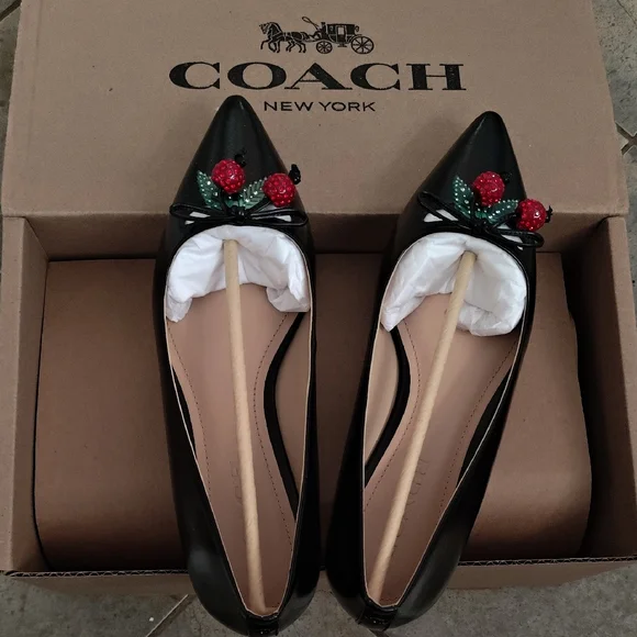 NIB Coach Runway Cherry Black Leather Flats - Size 8 - Picture 2 of 12